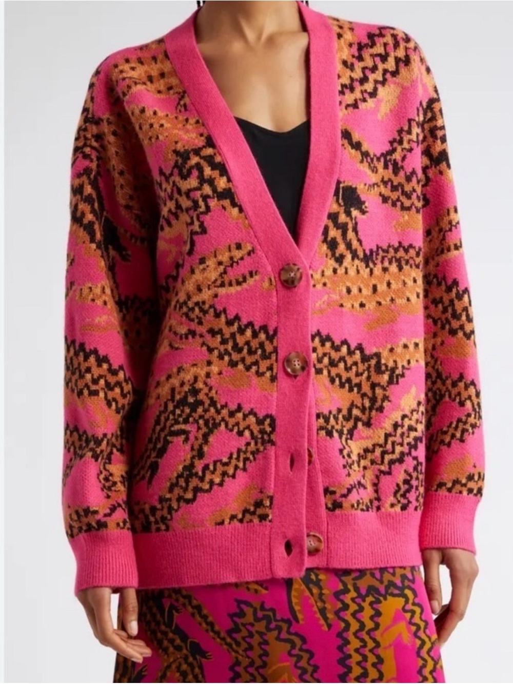 FARM Rio Hot Pink Multicolor Patterned V‑Neck Button Cardigan